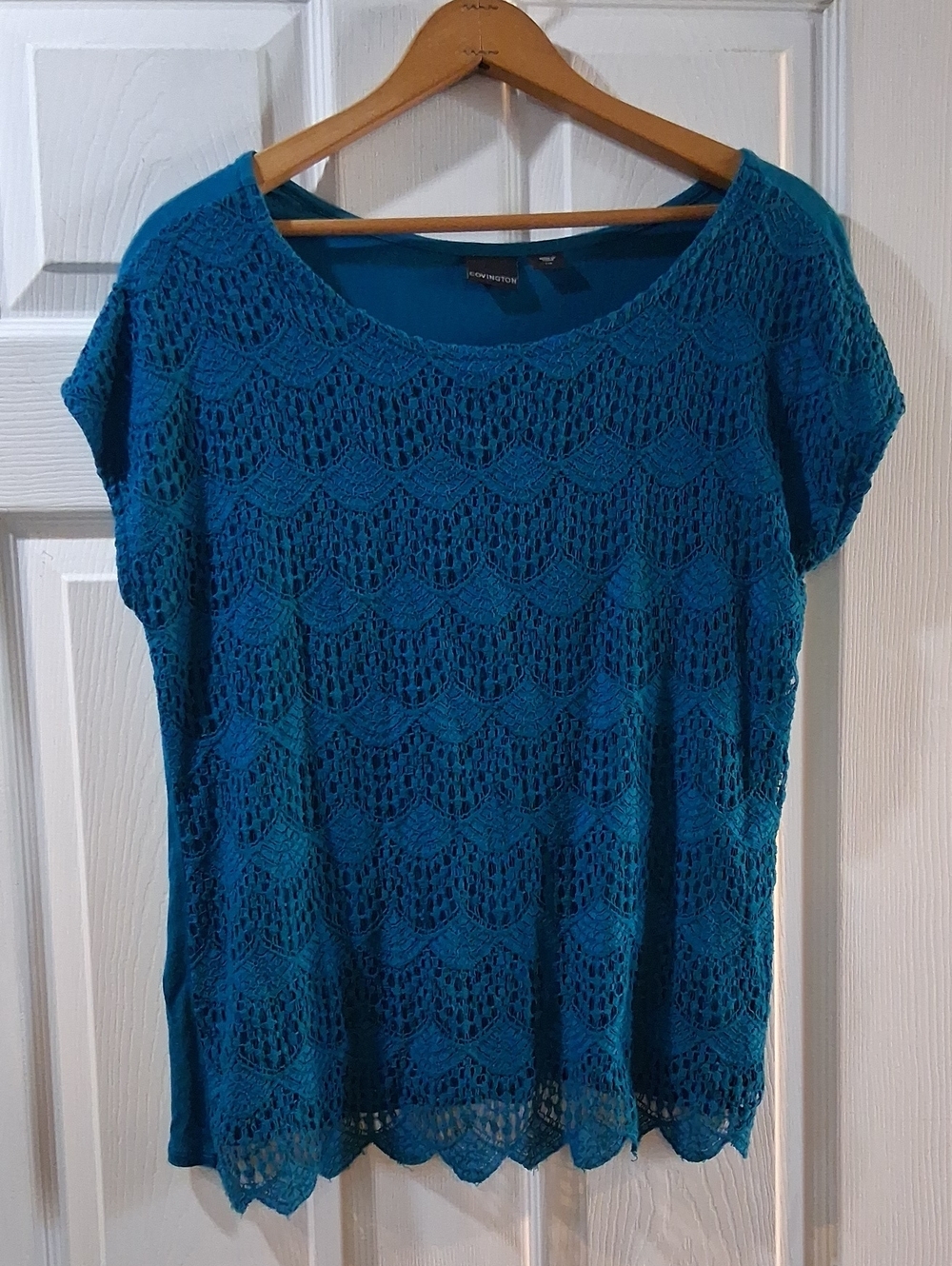 Covington Teal Crochet Short Sleeve Overlay Top